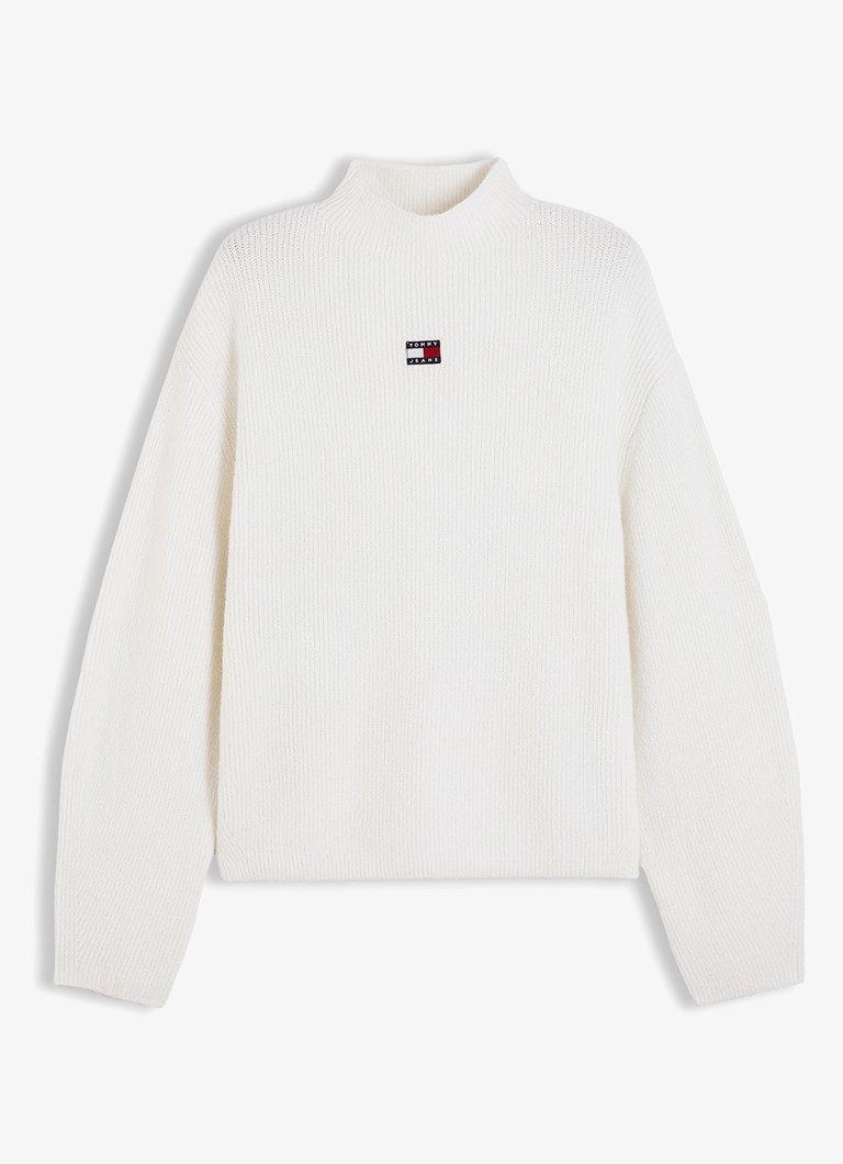Tommy Hilfiger Dames Tommy Badge ribgebreide trui in alpaca wolblend met logo in de kleur Gebroken wit