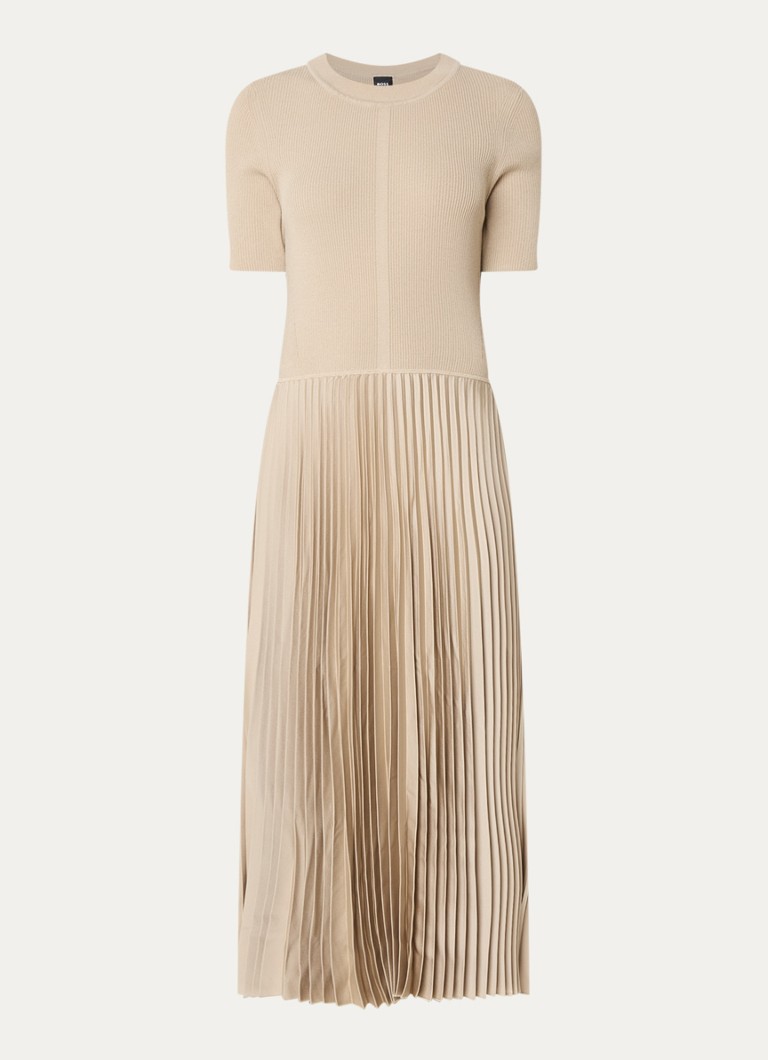 BOSS Dames Fadridi ribgebreide midi jurk met plissé in de kleur Beige