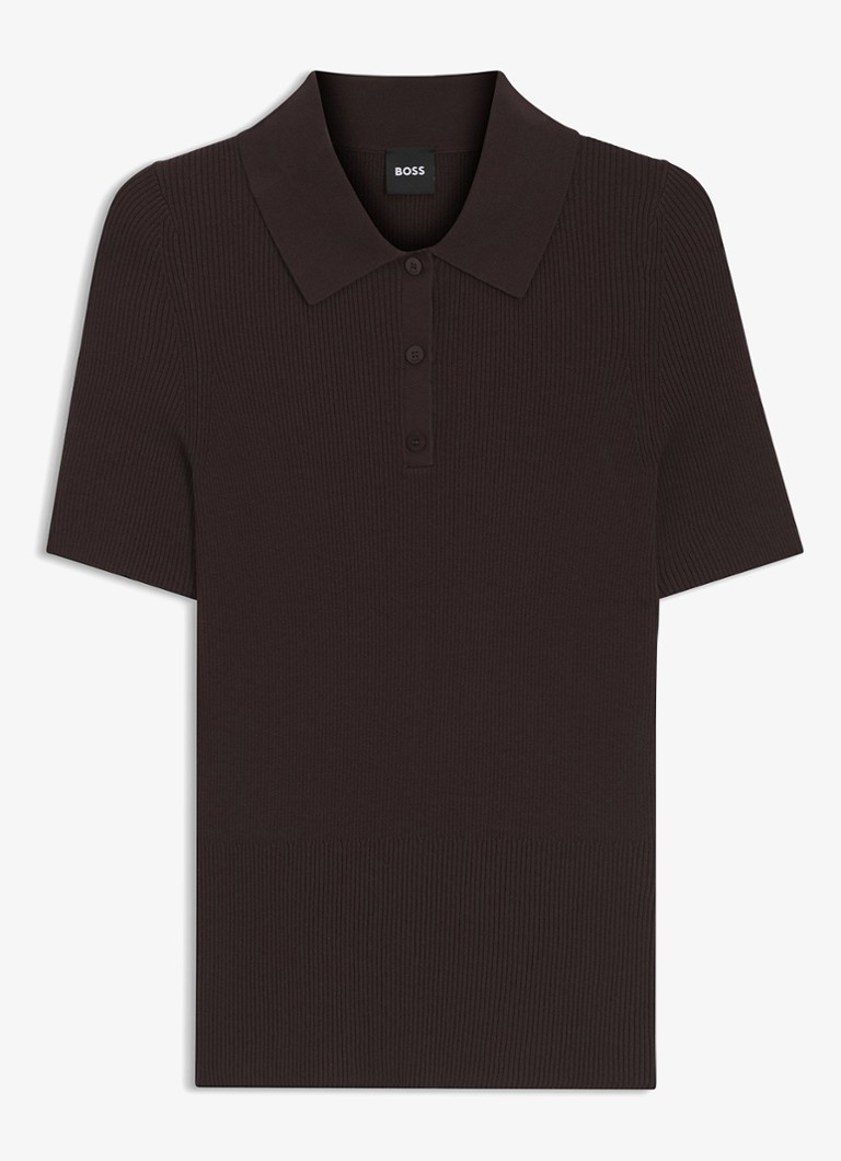 BOSS Dames Feskus ribgebreide polo met logostiksel in de kleur Dark Brown-207 / Bruin