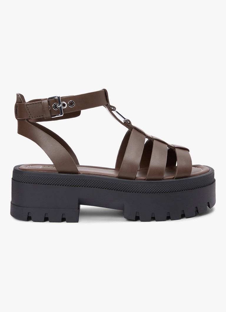 Tommy Hilfiger Dames Sandaal van kalfsleer met plateauzool in de kleur Donkerbruin