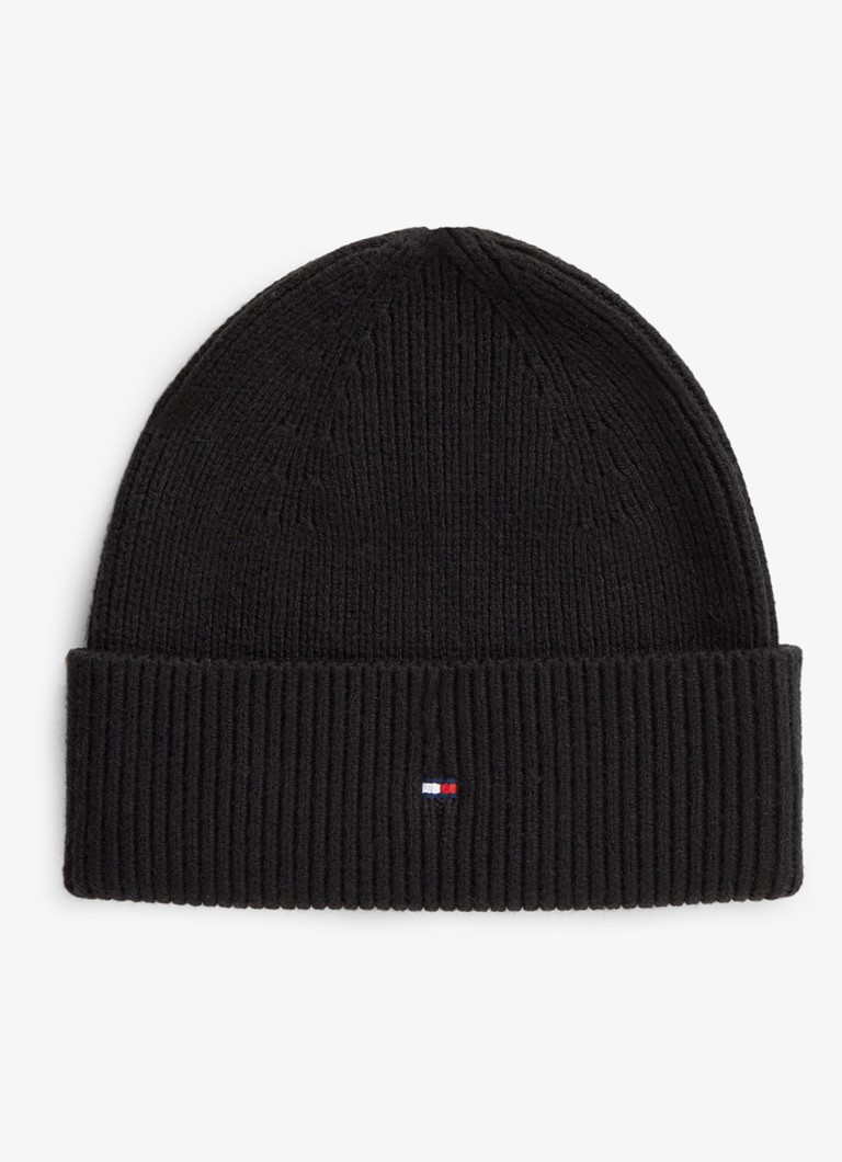 Tommy Hilfiger Dames Ribgebreide muts in wolblend in de kleur Zwart