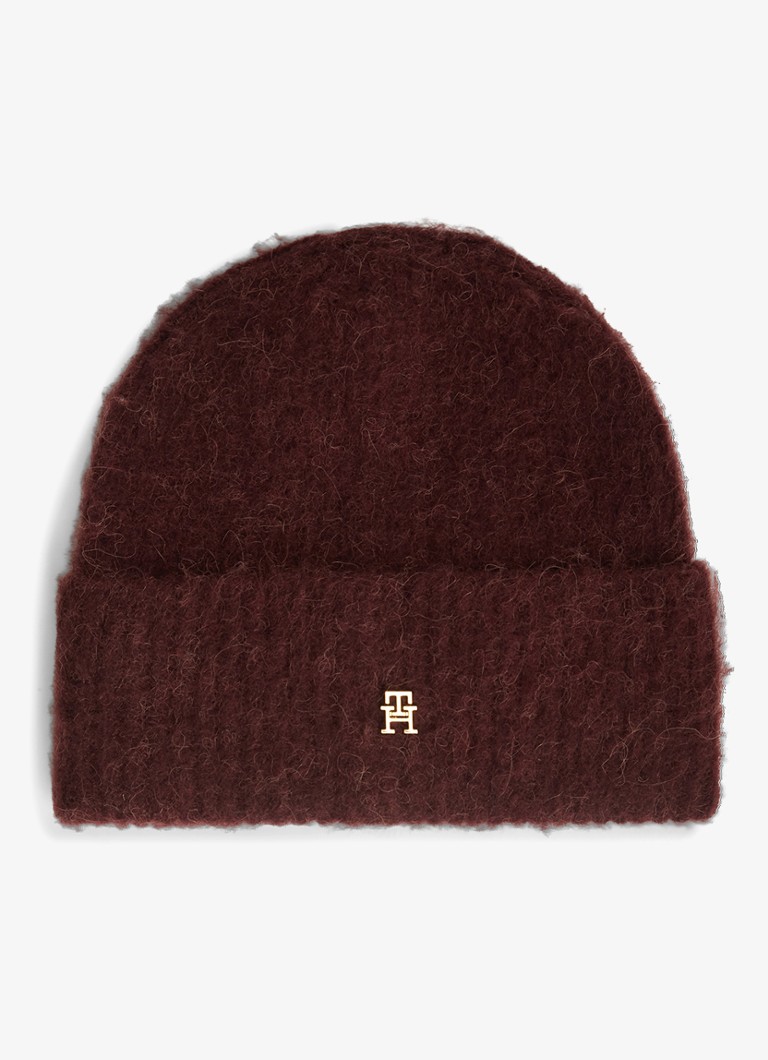 Tommy Hilfiger Dames Muts van wol met logo in de kleur Bordeauxrood