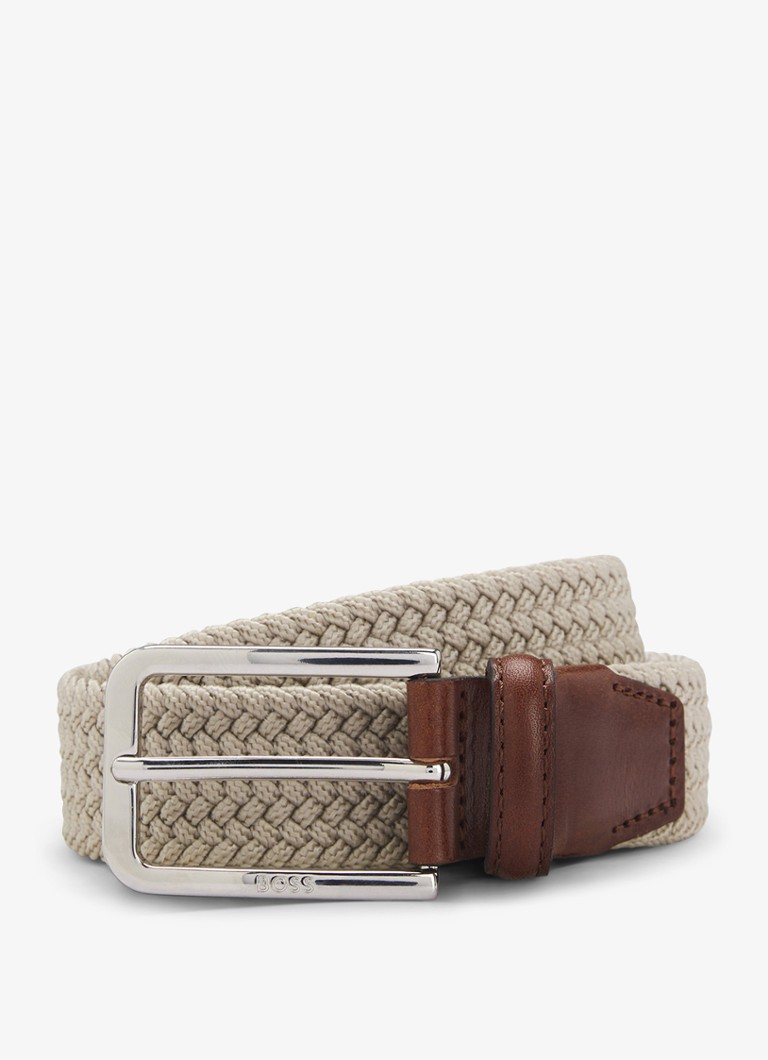 BOSS Heren Geweven riem met leren delen in de kleur Beige