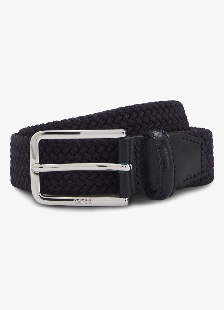 BOSS Heren Geweven riem met leren delen in de kleur Donkerblauw