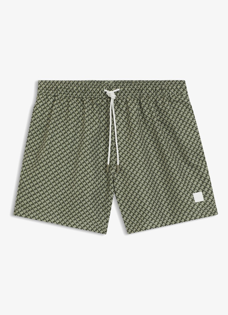 BOSS Heren Zwemshort met microprint en logopatch in de kleur Dark Beige-254 / Beige