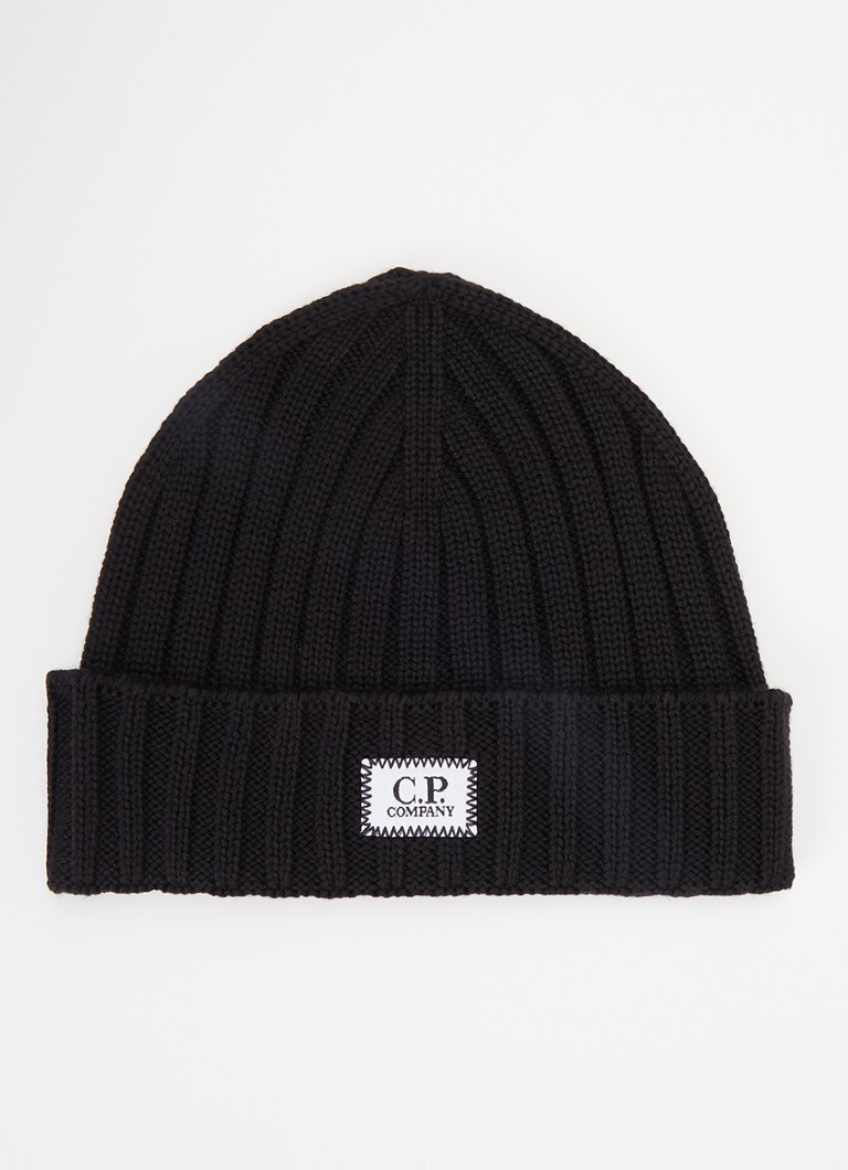 C.P. Company Heren Grofgebreide muts van merino wol met logo in de kleur Zwart, maat: One Size