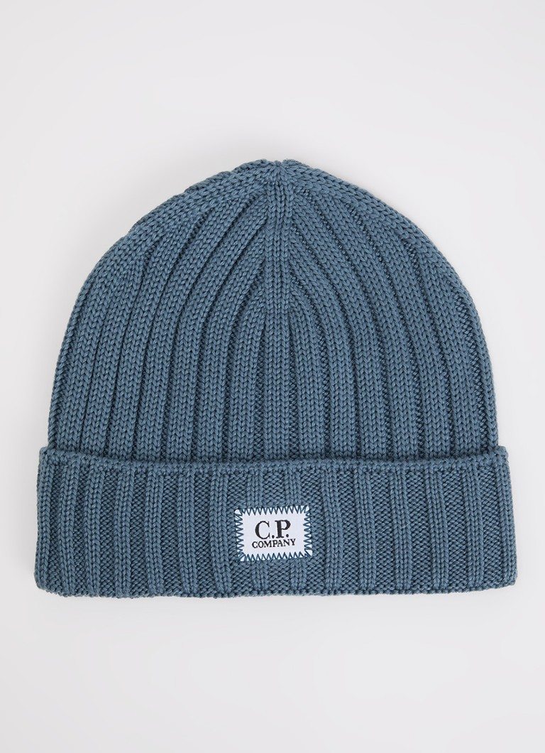 C.P. Company Heren Grofgebreide muts van merino wol met logo in de kleur Staalblauw, maat: OS