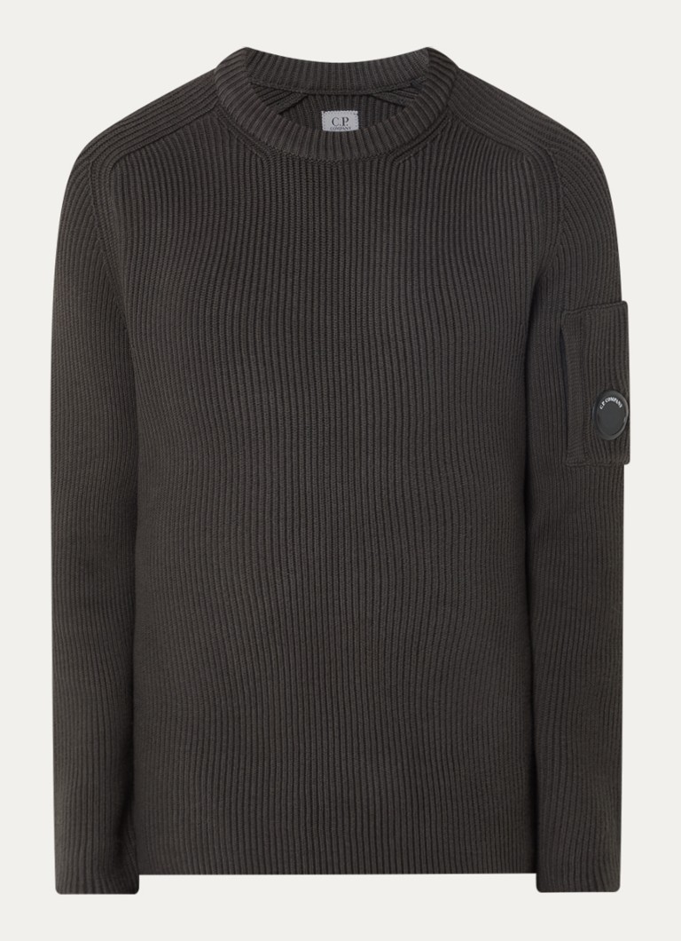 C.P. Company Heren Grofgebreide trui met logo in de kleur Antraciet, maat: M