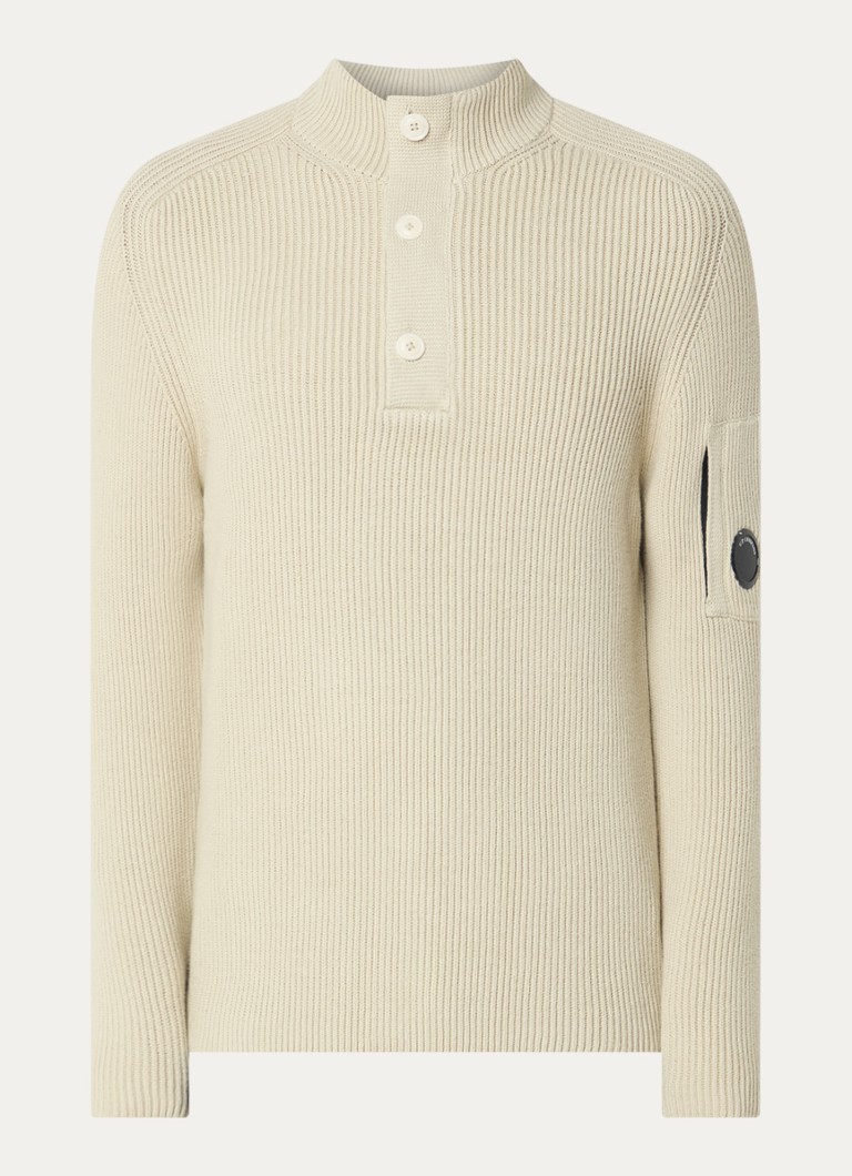 C.P. Company Heren Ribgebreide trui met logo in de kleur Beige, maat: S