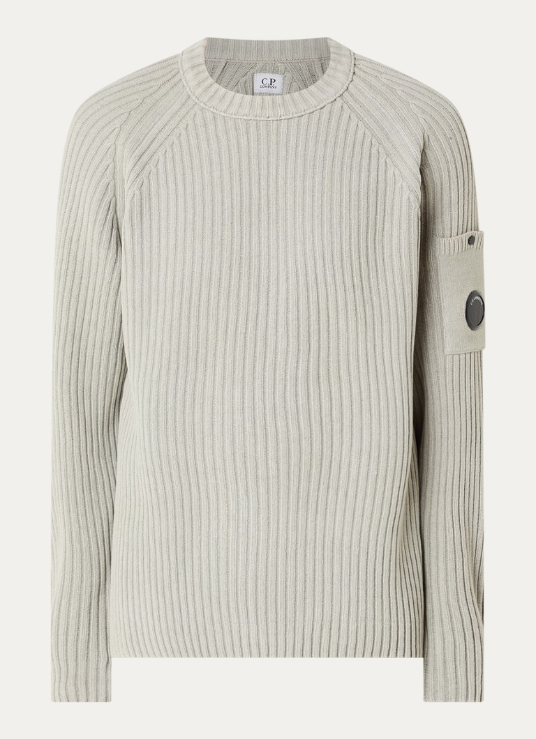 C.P. Company Heren Ribgebreide trui met logo in de kleur Taupe, maat: S