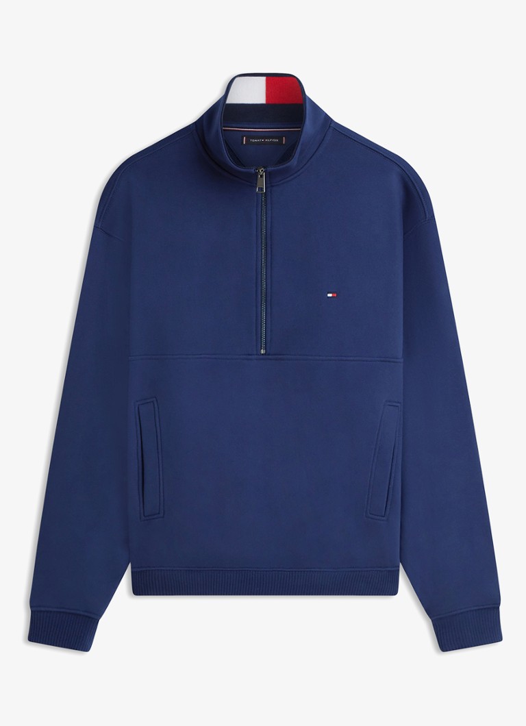 Tommy Hilfiger Heren Sweater met halve rits en logoborduring in de kleur Donkerblauw