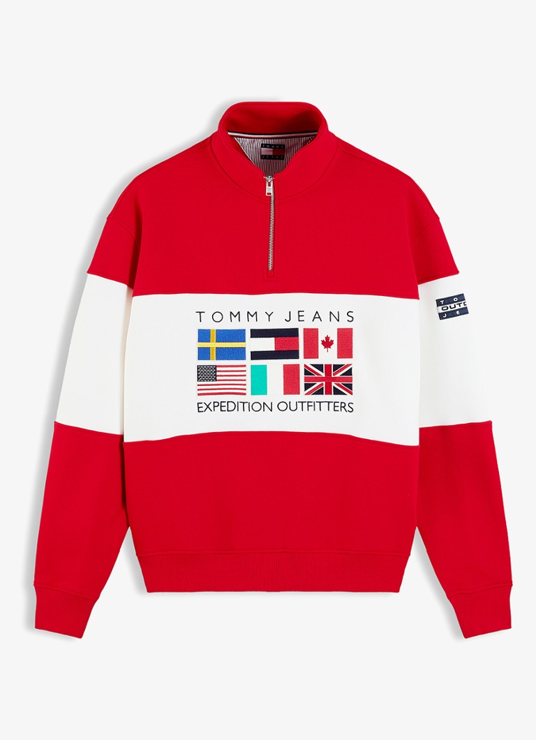 Tommy Hilfiger Heren Sweater met halve rits en logoborduring in de kleur Rood