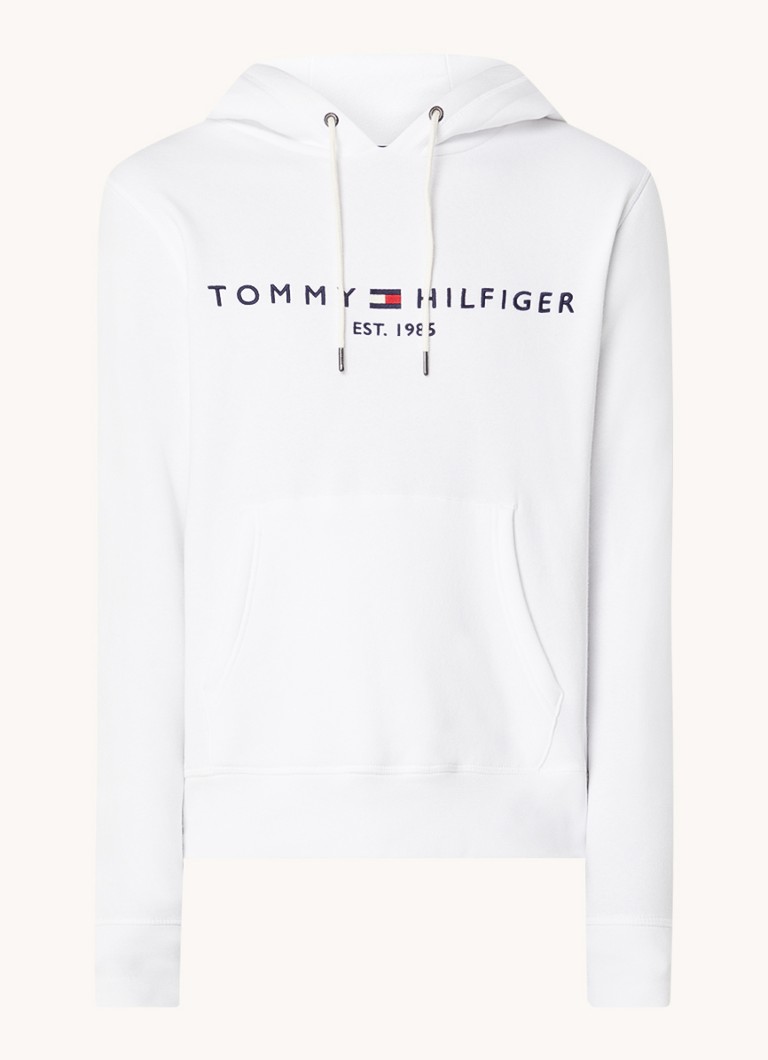 Tommy Hilfiger Heren Hoodie met kangoeroezak en logoborduring in de kleur White / Wit