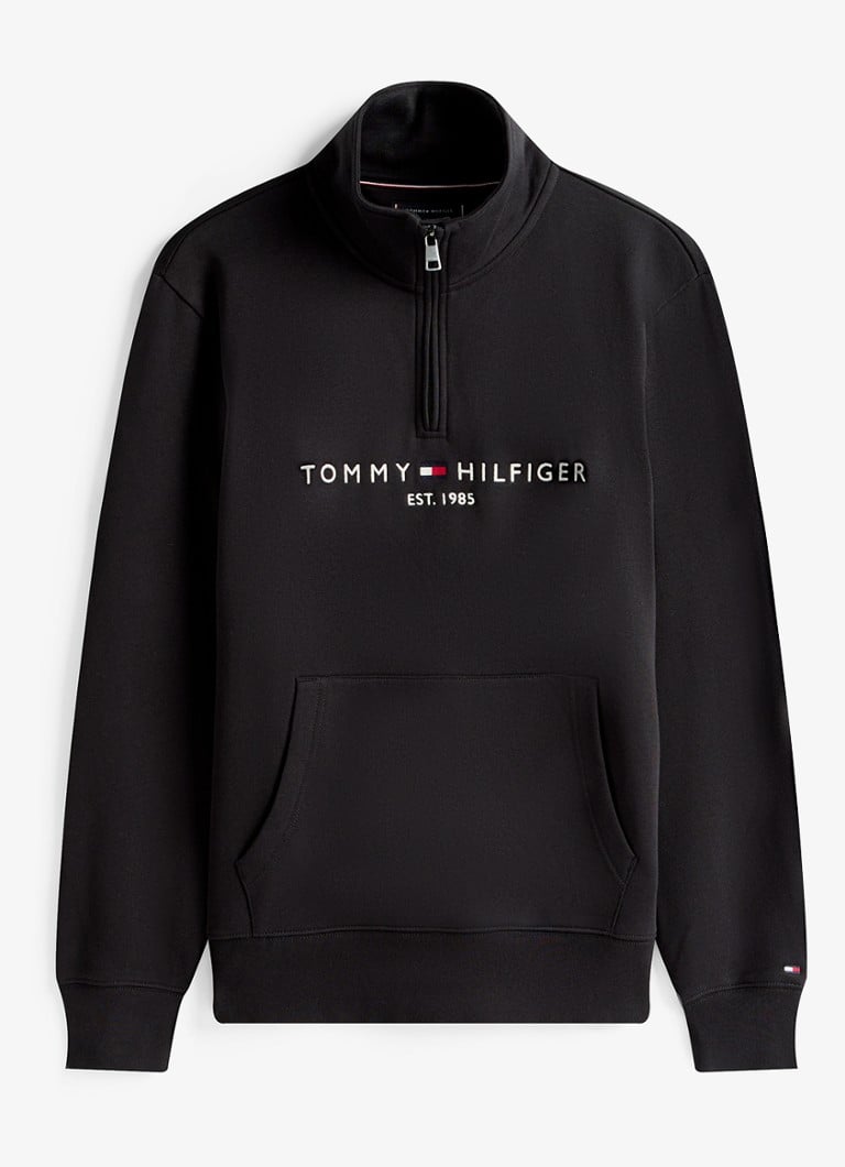 Tommy Hilfiger Heren Sweater met halve rits en logoborduring in de kleur Zwart