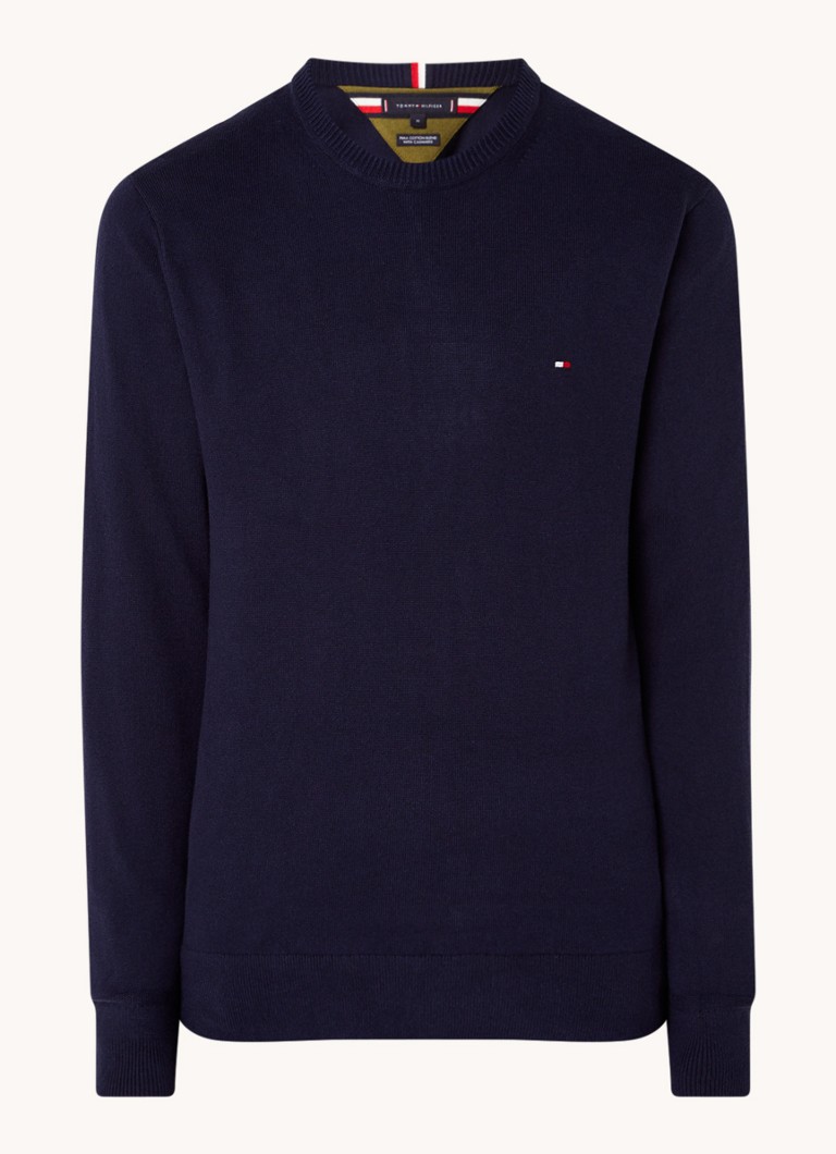 Tommy Hilfiger Heren Fijngebreide pullover in kasjmierblend met logoborduring in de kleur Donkerblauw