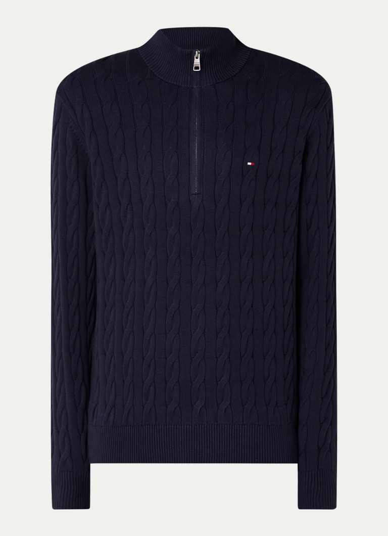 Tommy Hilfiger Heren Kabelgebreide trui met halve rits en logo in de kleur Donkerblauw