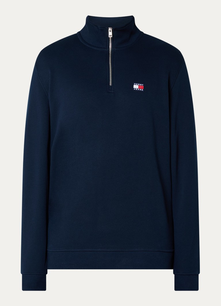 Tommy Hilfiger Heren Sweater met halve rits en logo in de kleur Donkerblauw