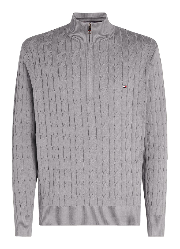 Tommy Hilfiger Heren Kabelgebreide trui met halve rits en logo in de kleur Middengrijs