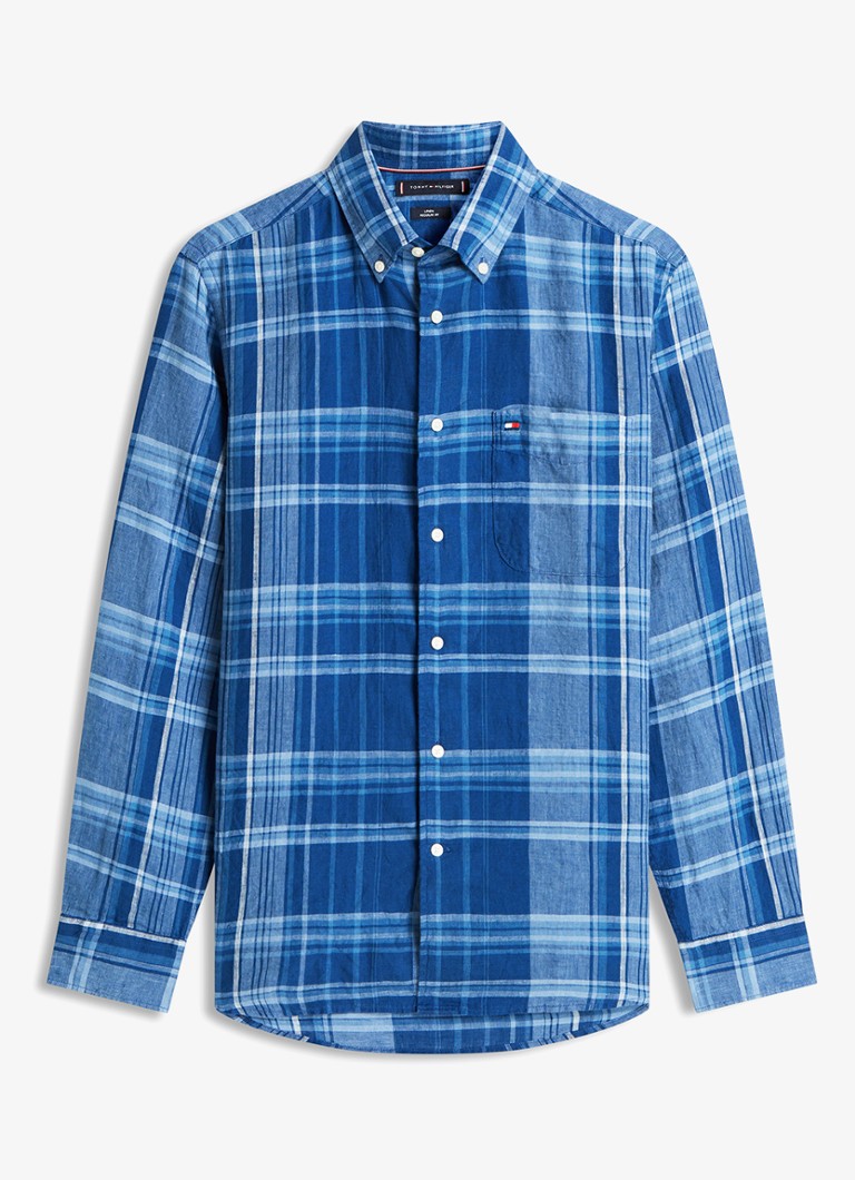 Tommy Hilfiger Heren Regular fit overhemd van linnen met ruitdessin in de kleur Blauw