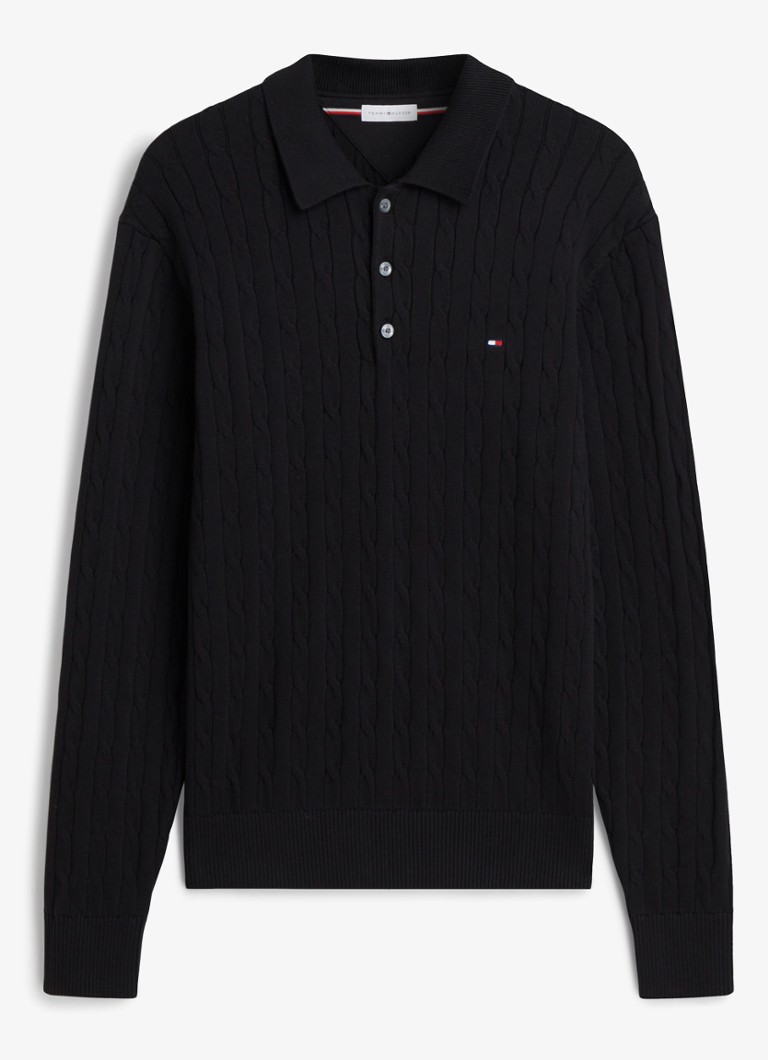 Tommy Hilfiger Heren Kabelgebreide trui met polokraag en logoborduring in de kleur Zwart