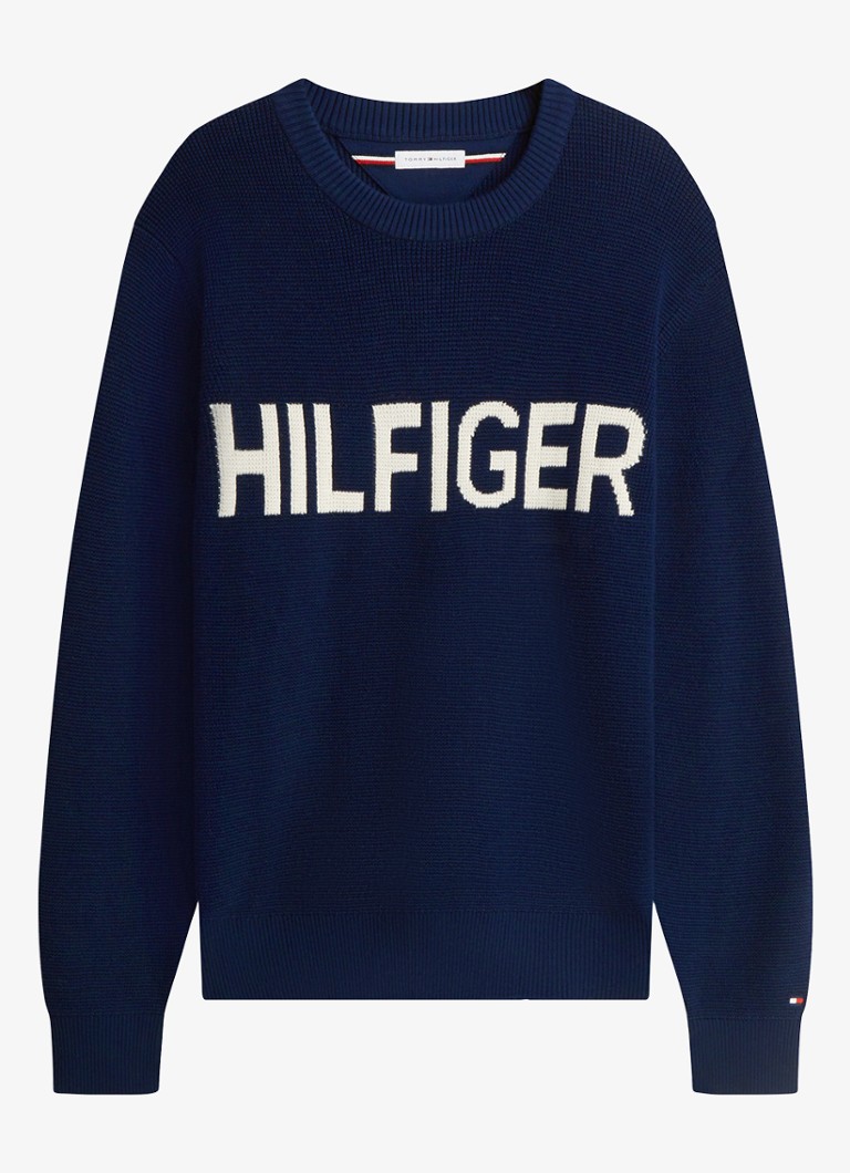 Tommy Hilfiger Heren Pullover met structuur en logo in de kleur Donkerblauw