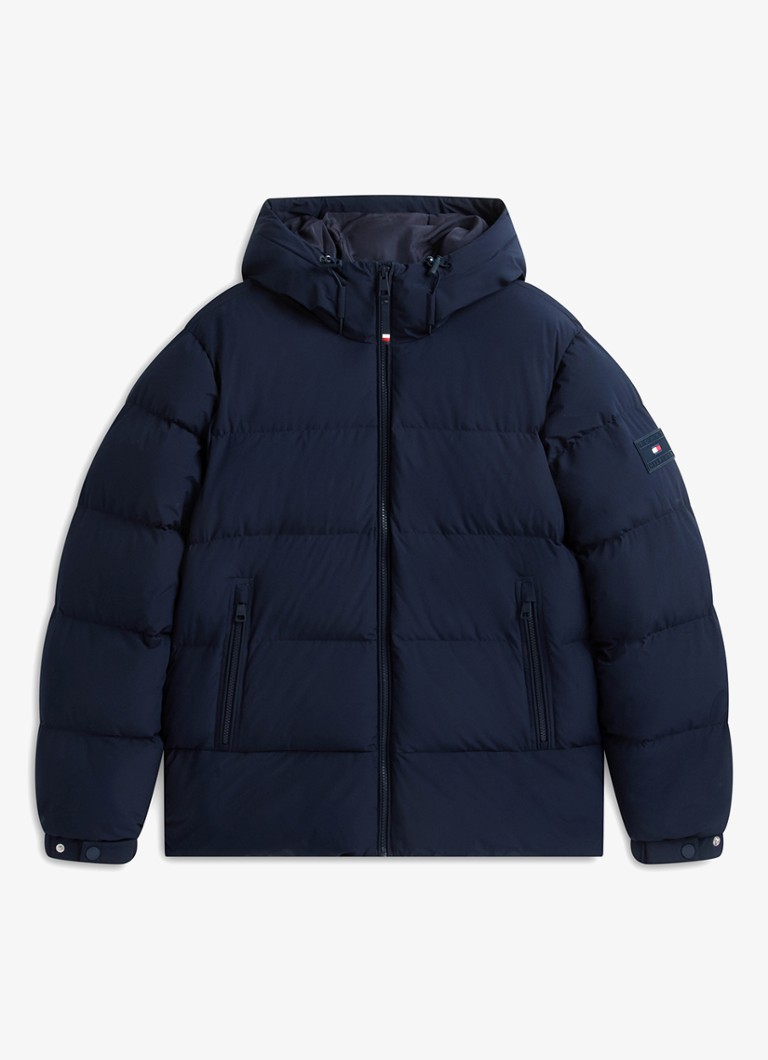 Tommy Hilfiger Heren Puffer jas met donsvulling en capuchon in de kleur Donkerblauw
