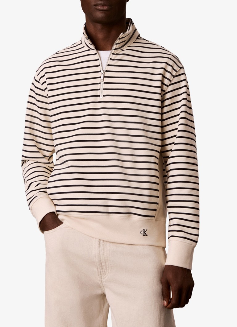 Calvin Klein Heren Sweater met halve rits en streepprint in de kleur Gebroken wit