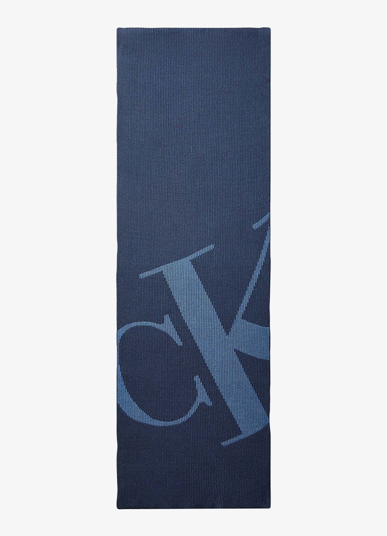Calvin Klein Heren Ribgebreide sjaal met logoprint 170 x 28 cm in de kleur Indigo