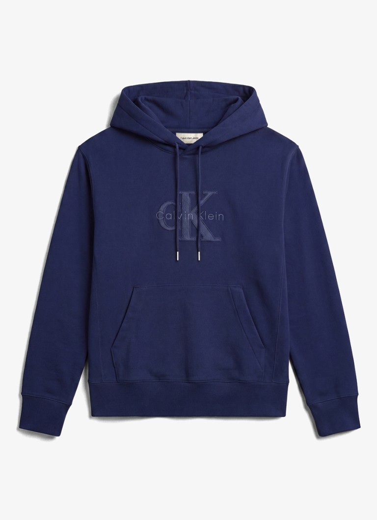 Calvin Klein Heren Hoodie met kangoeroezak en logoprint in de kleur Donkerblauw