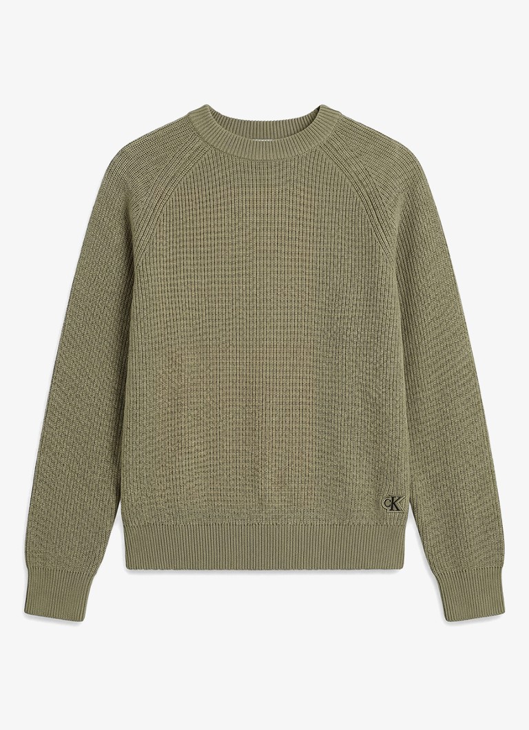 Calvin Klein Heren Ribgebreide trui met logoborduring in de kleur Olijfgroen
