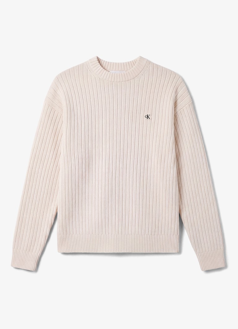 Calvin Klein Heren Ribgebreide trui met logo in de kleur Ivoor