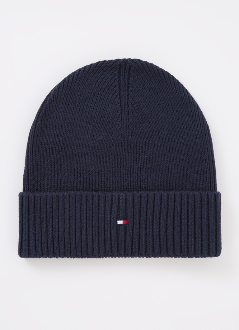 Tommy Hilfiger Heren Flag Pima grofgebreide muts met logo in de kleur Donkerblauw