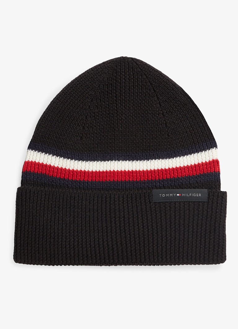 Tommy Hilfiger Heren Muts in wolblend met streepprint in de kleur Diepzwart