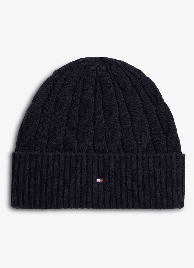 Tommy Hilfiger Heren Kabelgebreide muts van wol in de kleur Donkerblauw