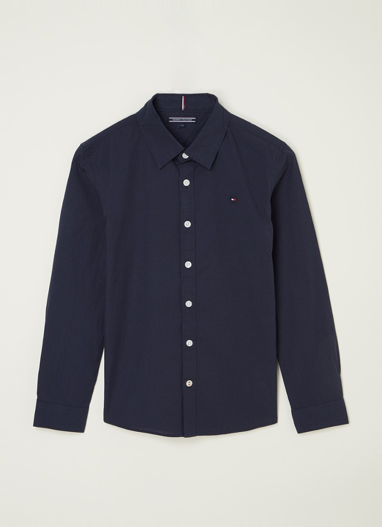 Tommy Hilfiger Jongens Overhemd met stretch en logoborduring in de kleur Donkerblauw