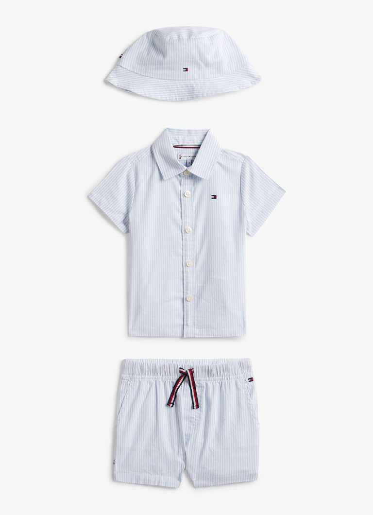 Tommy Hilfiger Jongens Set van blouse, korte broek en hoed in giftbox 3-delig in de kleur Lichtblauw