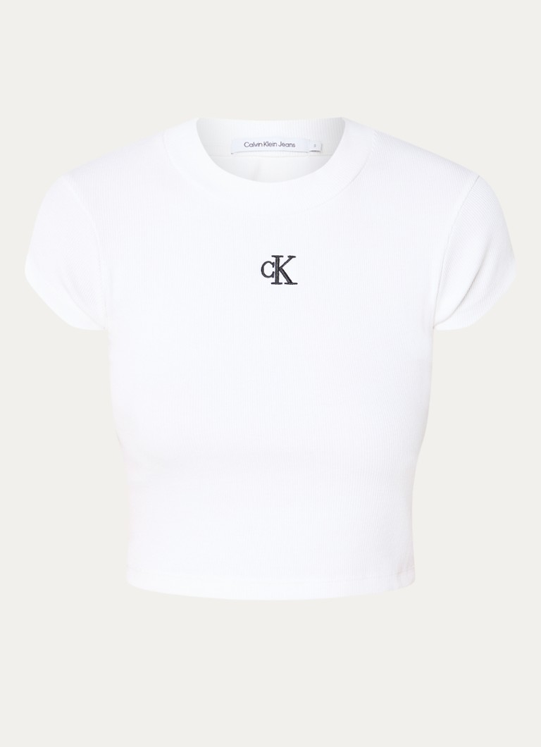 Calvin Klein Dames Ribgebreid cropped T-shirt met logoborduring in de kleur Wit