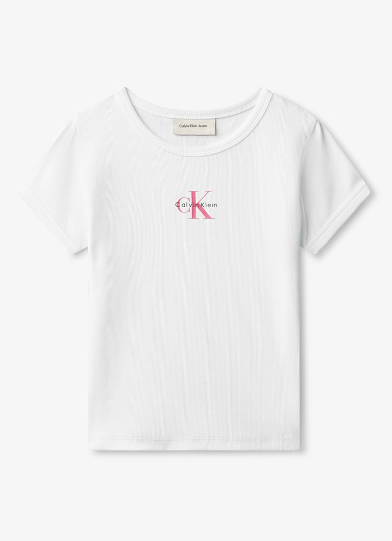 Calvin Klein Meisjes T-shirt met ribstructuur en logo in de kleur Wit