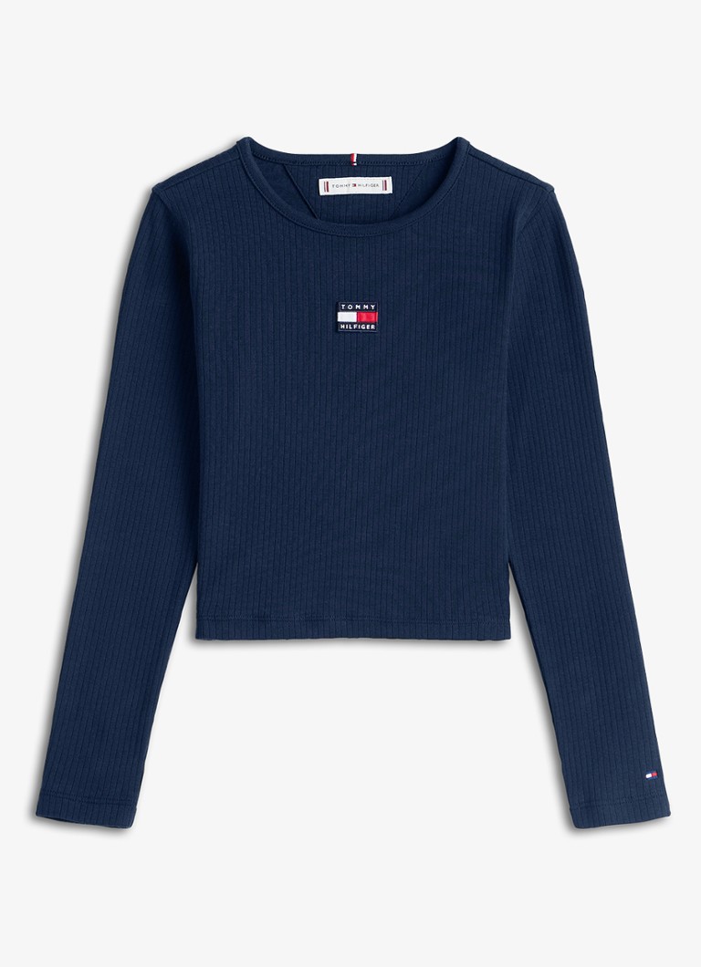 Tommy Hilfiger Meisjes Ribgebreide longsleeve met logoborduring in de kleur Donkerblauw