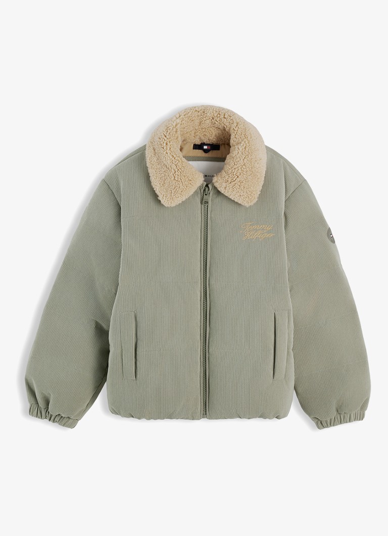 Tommy Hilfiger Meisjes Puffer jas van corduroy met details van teddy in de kleur Lindegroen