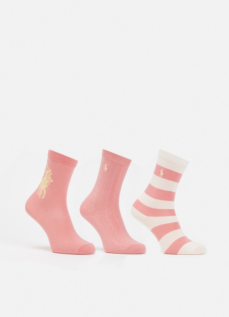 Ralph Lauren Jongens Candyshop sokken in katoenblend met logo in 3-pack in de kleur Koraalroze, maat: 2Y/4Y