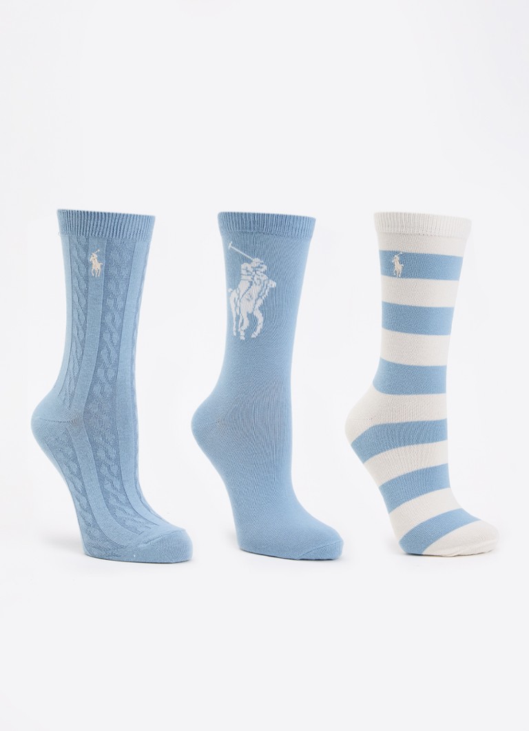 Ralph Lauren Jongens Candyshop sokken in katoenblend met logo in 3-pack in de kleur Staalblauw, maat: 9Y/11Y