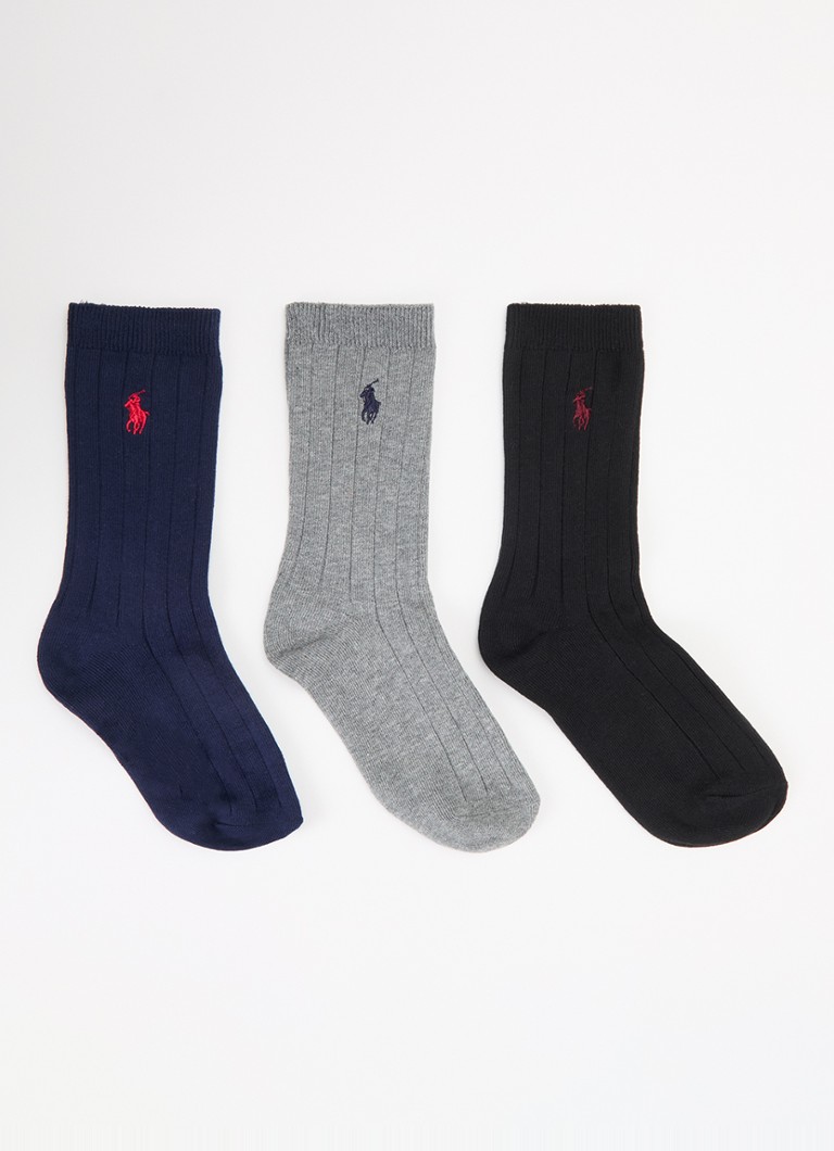 Ralph Lauren Jongens Ribgebreide sokken in katoenblend in 3-pack in de kleur Donkerblauw, maat: 4-7J