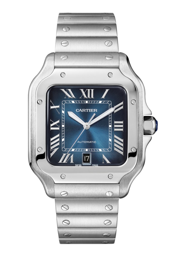 Cartier Heren Santos de Cartier horloge, large model, Blauwe wijzerplaat, automatisch uurwerk, staal, verwisselbare staal en lederen horlogebanden