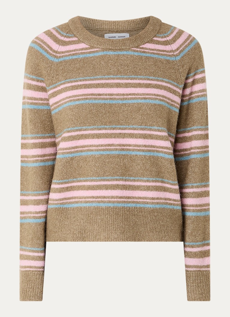 SAMSØE SAMSØE Dames Nor grofgebreide trui in wolblend met streepprint in de kleur Camel, maat: L