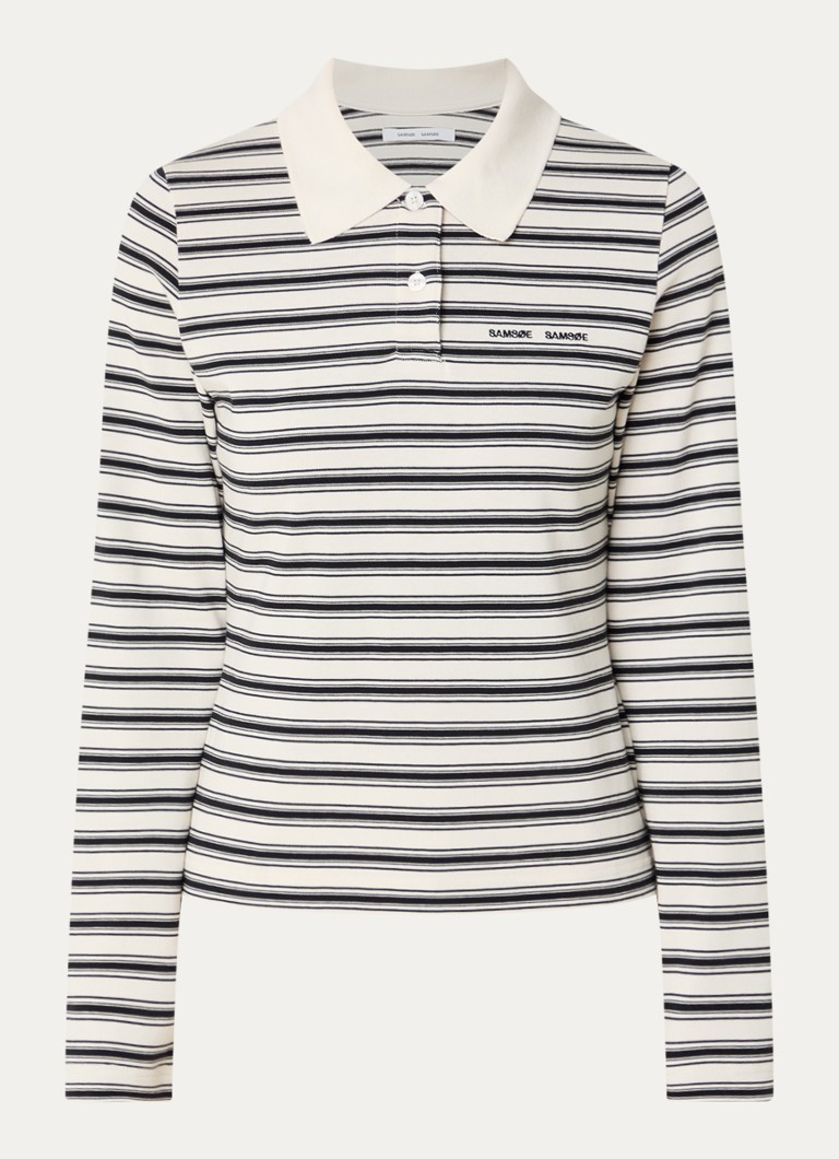 SAMSØE SAMSØE Dames Sadonell polo met logoborduring en streepprint in de kleur Creme, maat: L