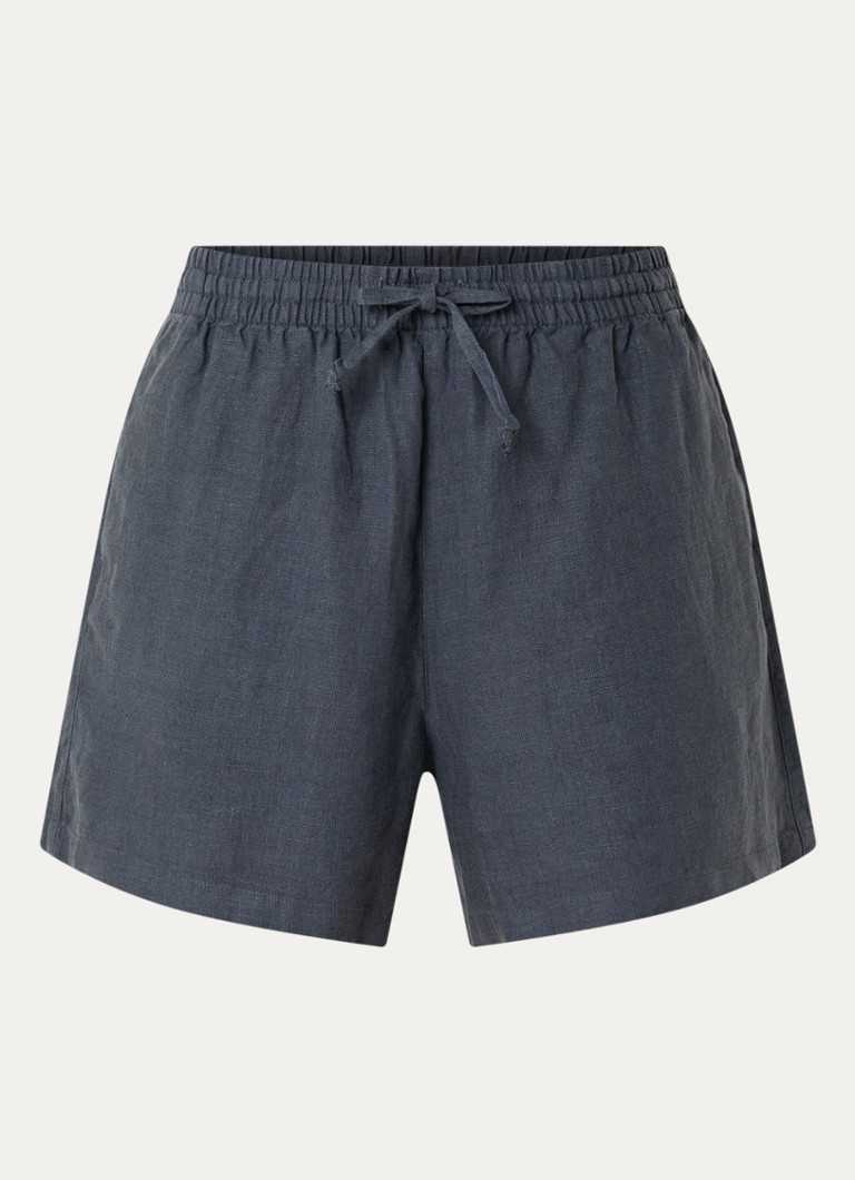 SAMSØE SAMSØE Dames Samaren high waist straight fit korte broek van linnen met steekzakken in de kleur Blauw, maat: XL