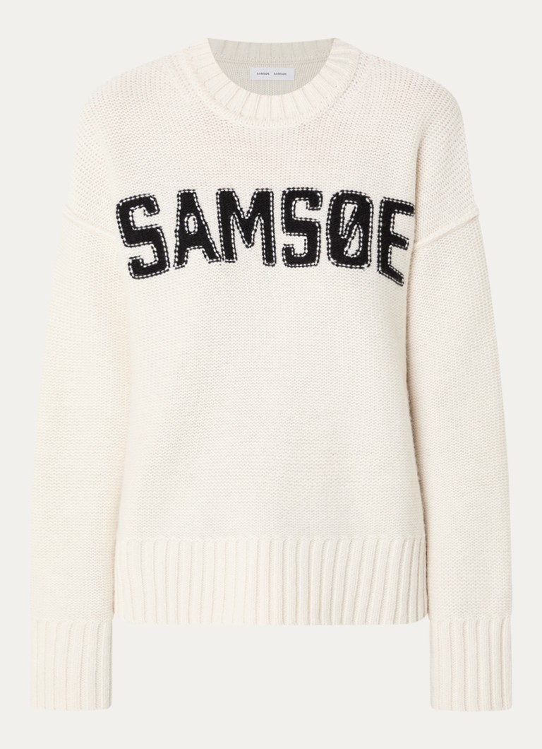 SAMSØE SAMSØE Dames Sakeiku fijngebreide trui in wolblend met ingebreide logo in de kleur Gebroken wit, maat: L
