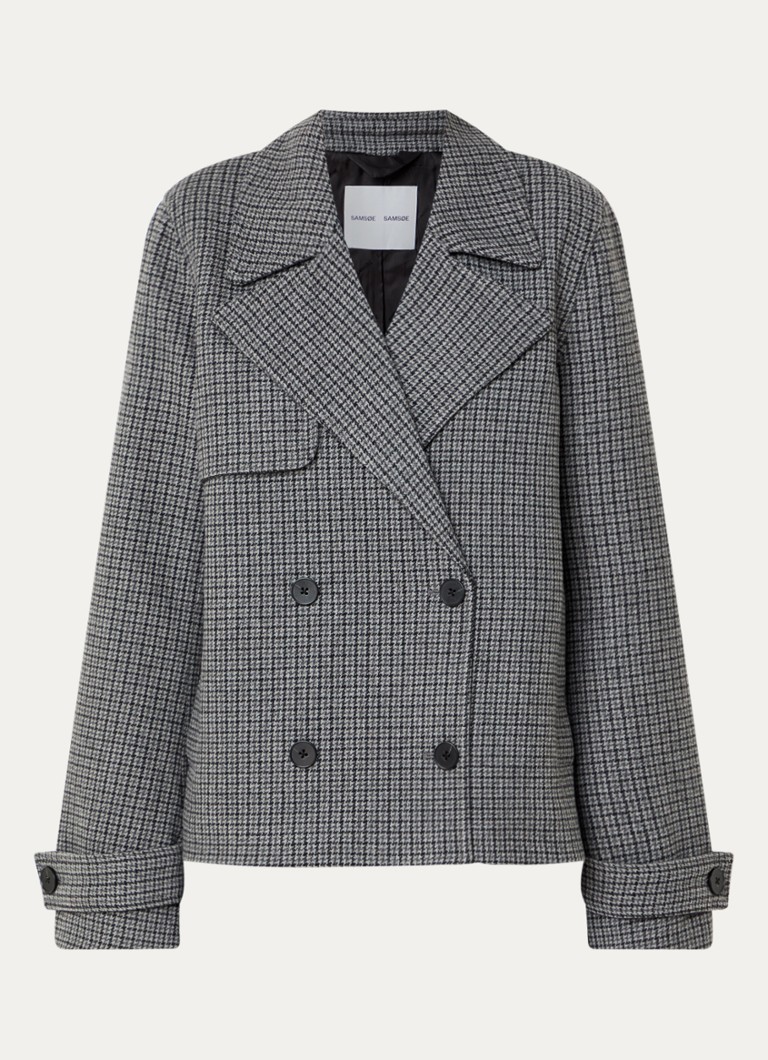 SAMSØE SAMSØE Dames Samarta double-breasted blazer in wolblend met ruitdessin in de kleur Grijsmele, maat: S