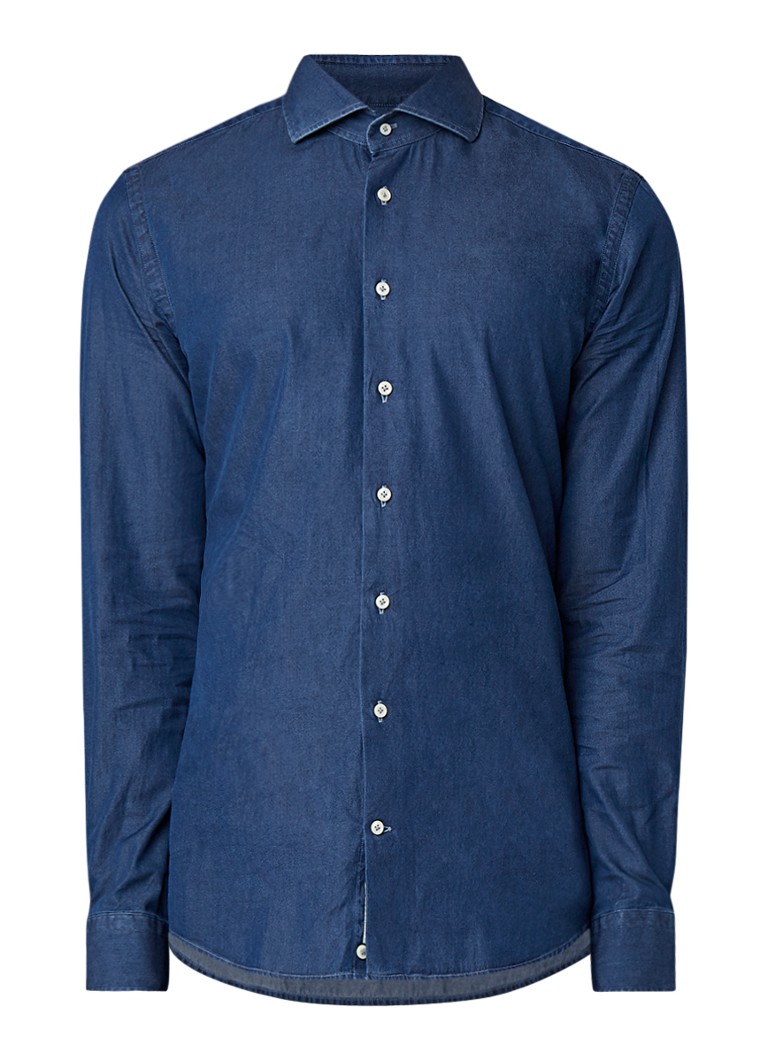 Profuomo Heren Slim fit chambray overhemd met garment dye in de kleur Indigo, maat: 43